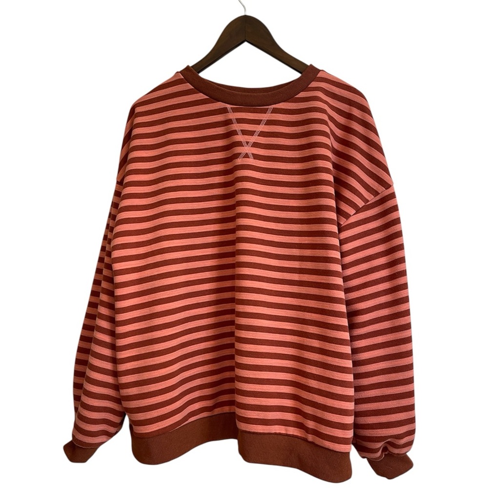 UEU Striped Crewneck Sweater – Red Pink & Brown Retro 90s Cozy Knit – Medium